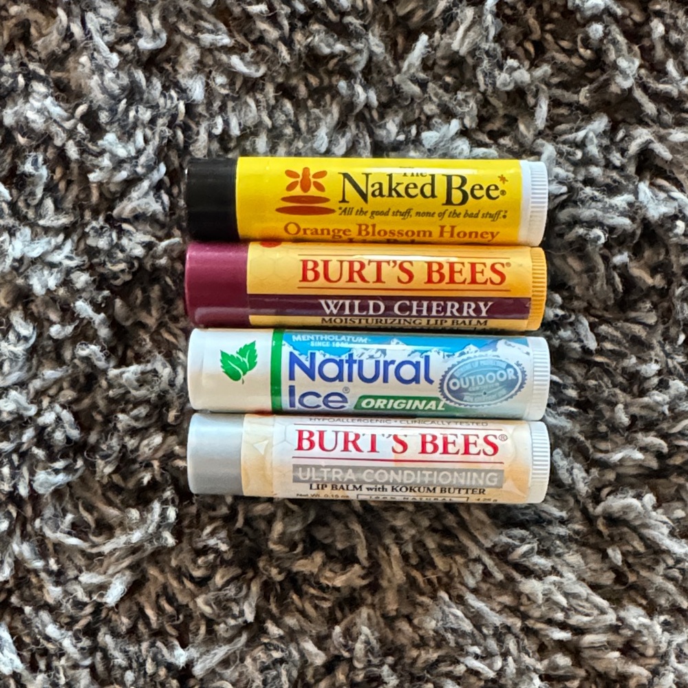 4 new lip balms:  Burt’s Bees, Natural Ice, The Naked Bee